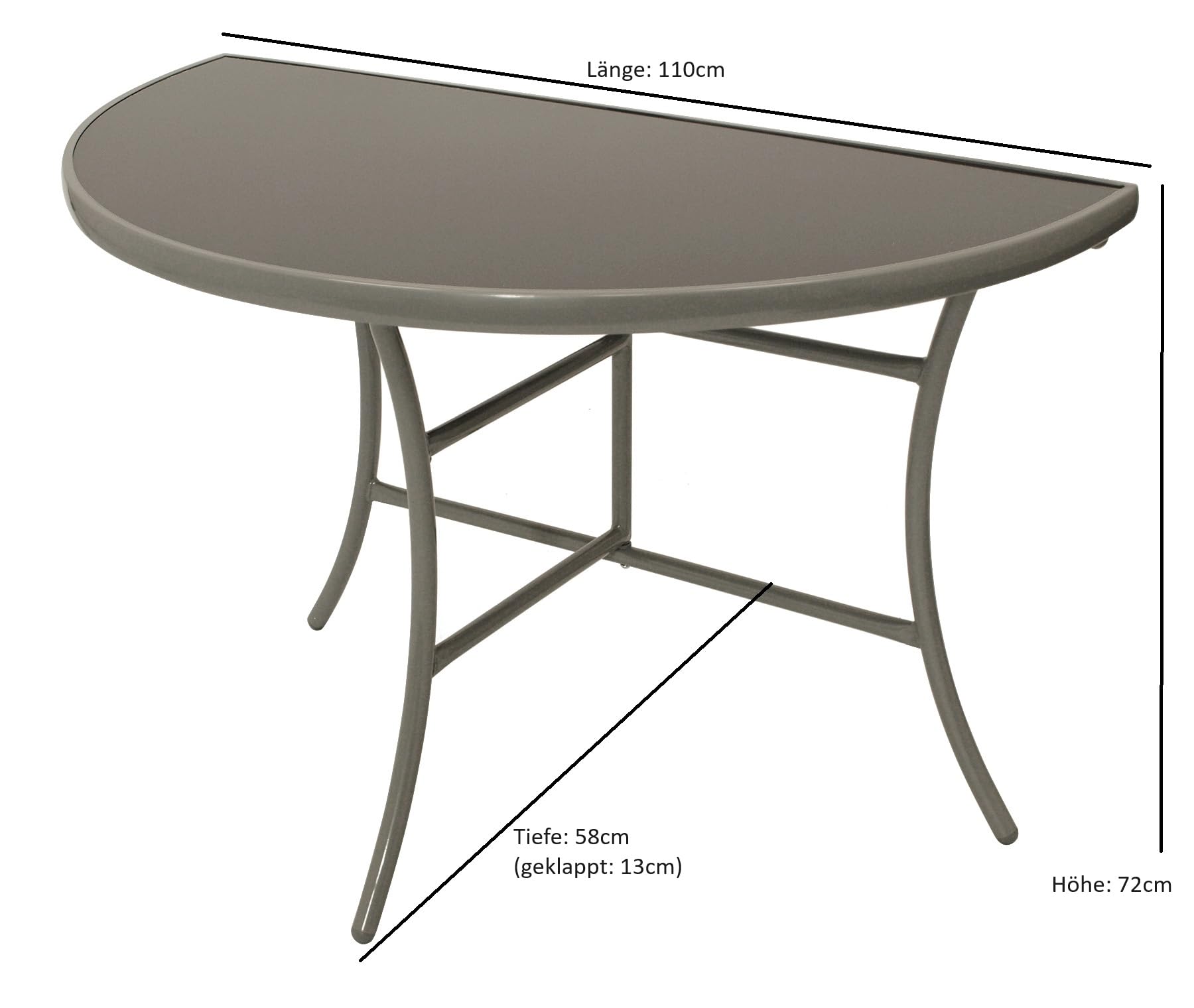 DEGAMO Wandtisch Anstelltisch Palermo halbrund 58x110cm, klappbar, Stahl silberfarben, Glas grau, Innen und Außen