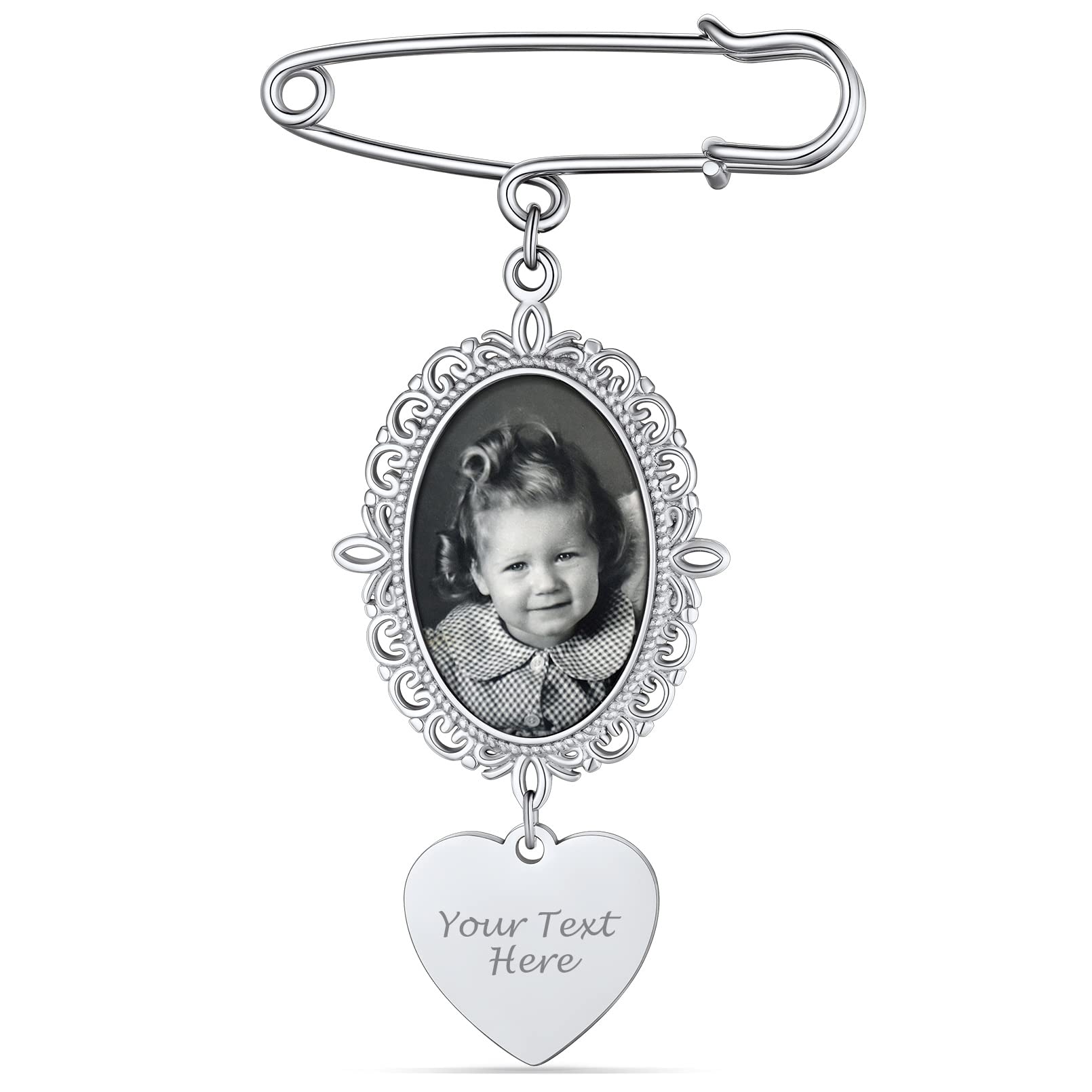 Custom4U Wedding Bouquet Photo Charms Customized with 1-4 Pictures Memorial Pins Boutonniere for Wedding Groom Bride/Memory Funeral Pin Mother Father