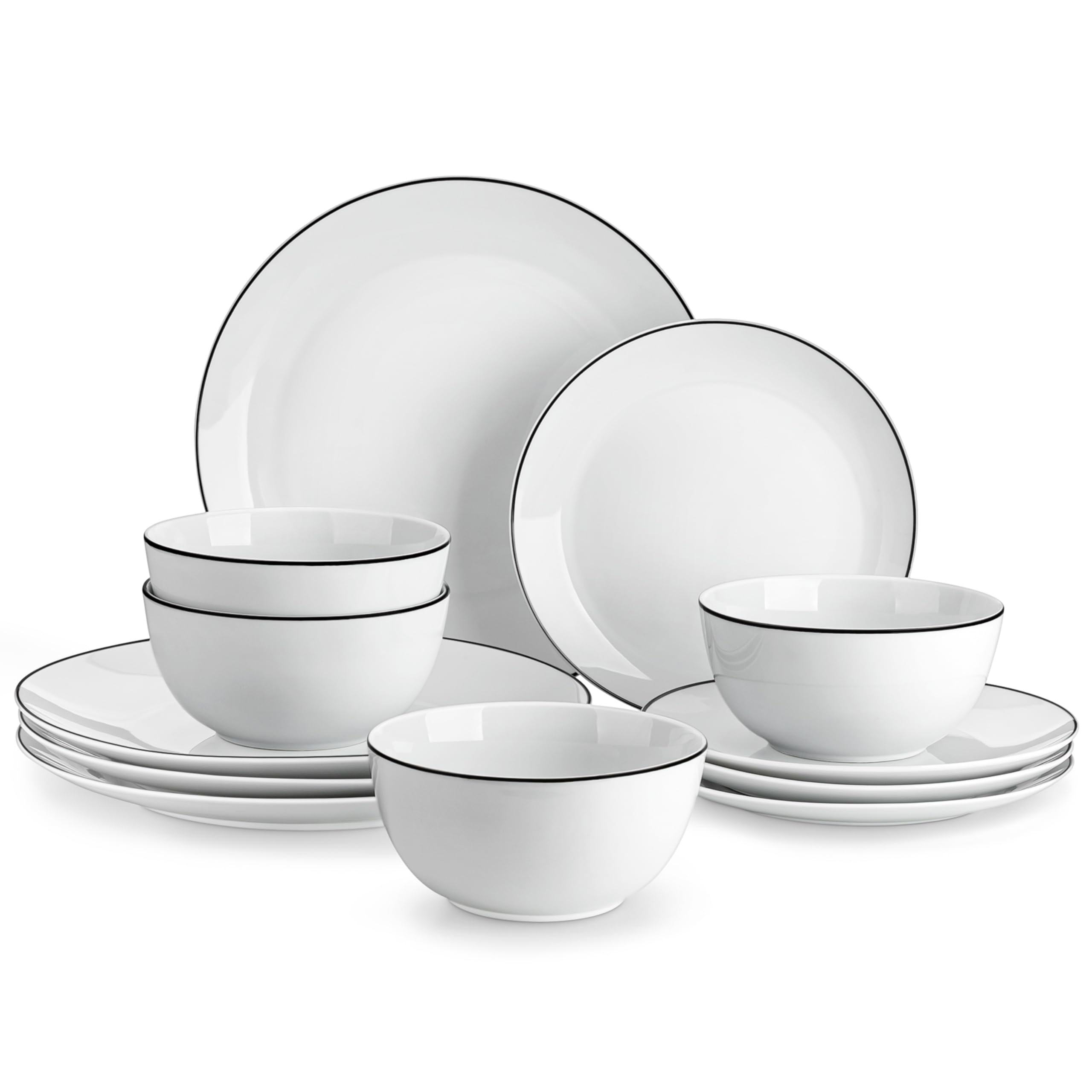 MALACASA 12 Pieces Gourmet Porcelain Dinnerware Sets, Premium Plates and Bowls Set, High-Fired Dishes Set for 4, Chip & Scratch Resistant, Microwave Dishwasher Safe, White & Black Rim, Series LEXI