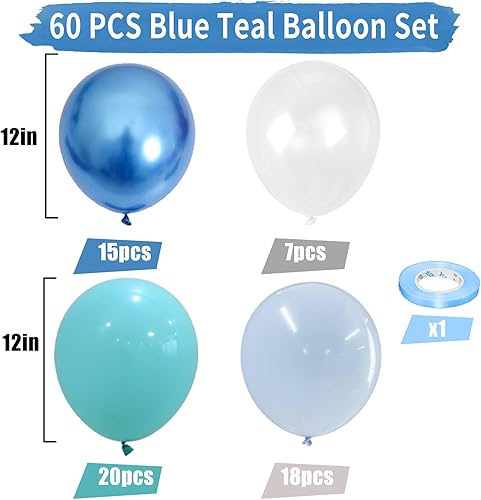 Miniatura 3 de Globos de color azul turquesa, 60 globos azul turquesa con globo azul metálico transparente, globo pastel azul bebé perla verde azulado para