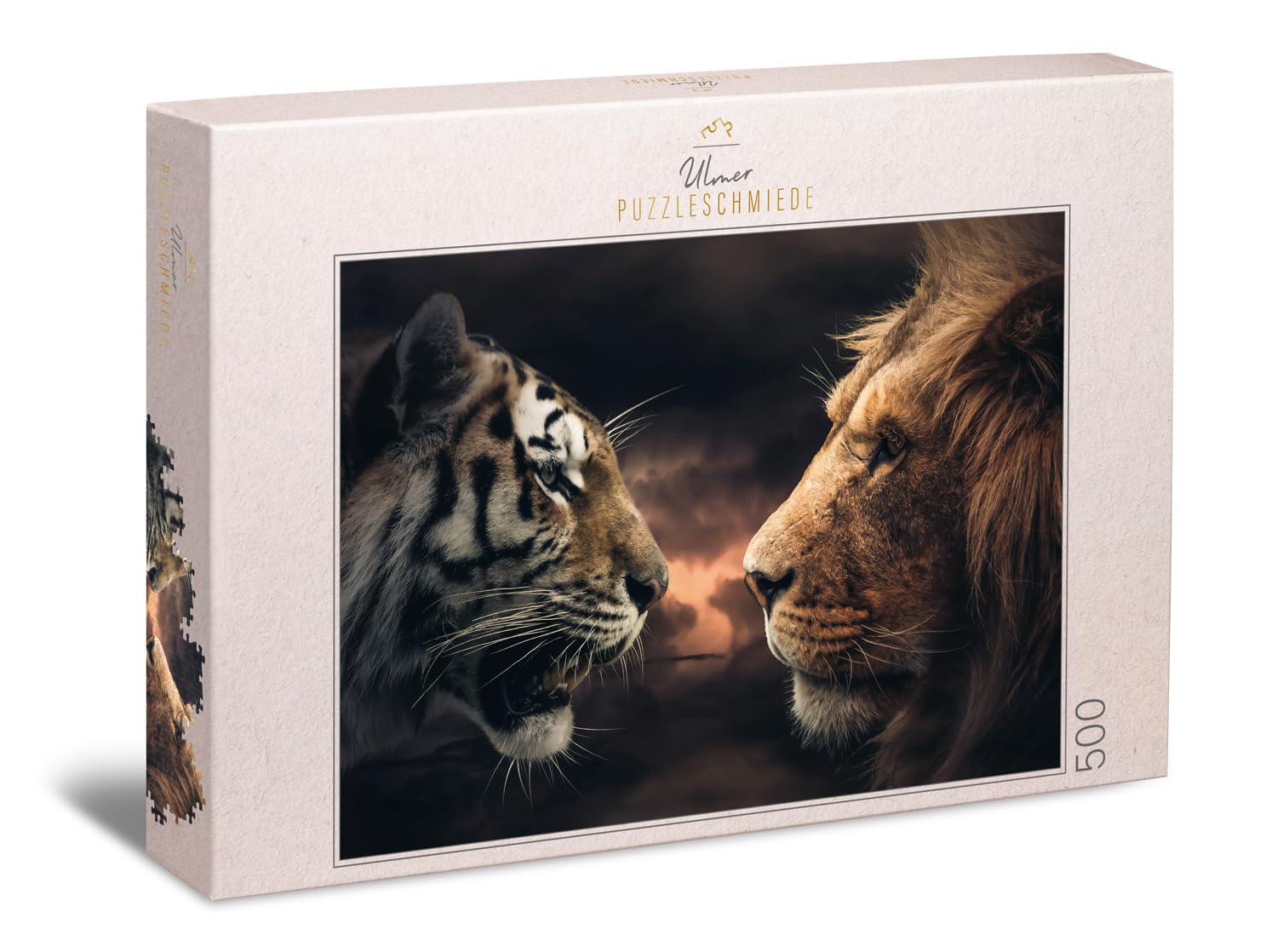 Ulmer Puzzleschmiede - Puzzle "Rumble in The Jungle" - Impresionante puzle de 500 piezas con león y tigre - Quién es el rey en el reino de los animales - Puzle de gatos depredadores magníficamente