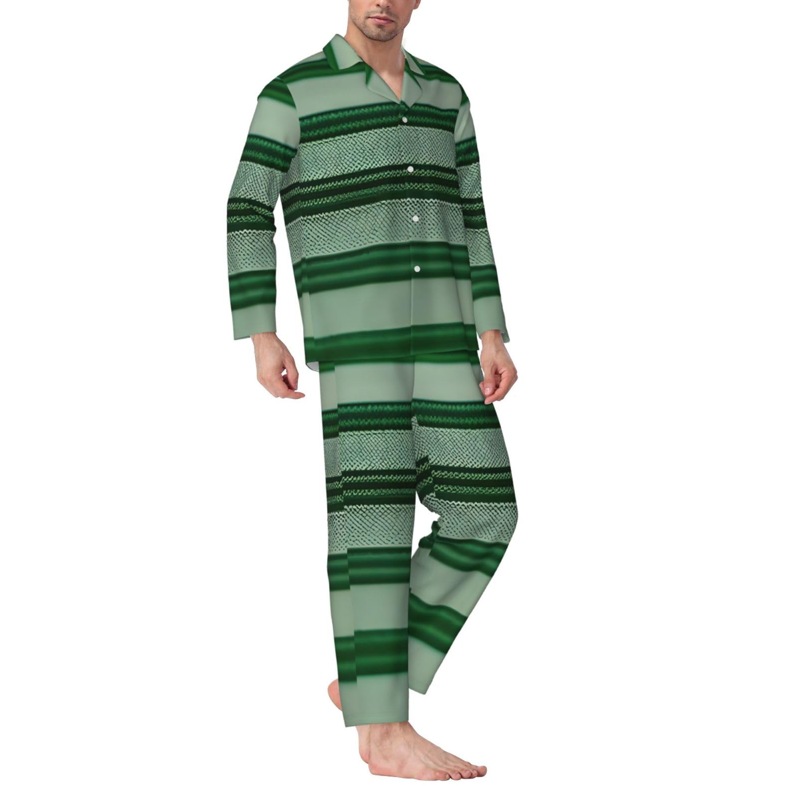 Herren-Pyjama-Set, langärmelig, gestreift, zweiteilig, bequem, Nachtwäsche, Grün