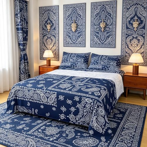 Parure de lit bleu marine et blanc imprimé floral chic