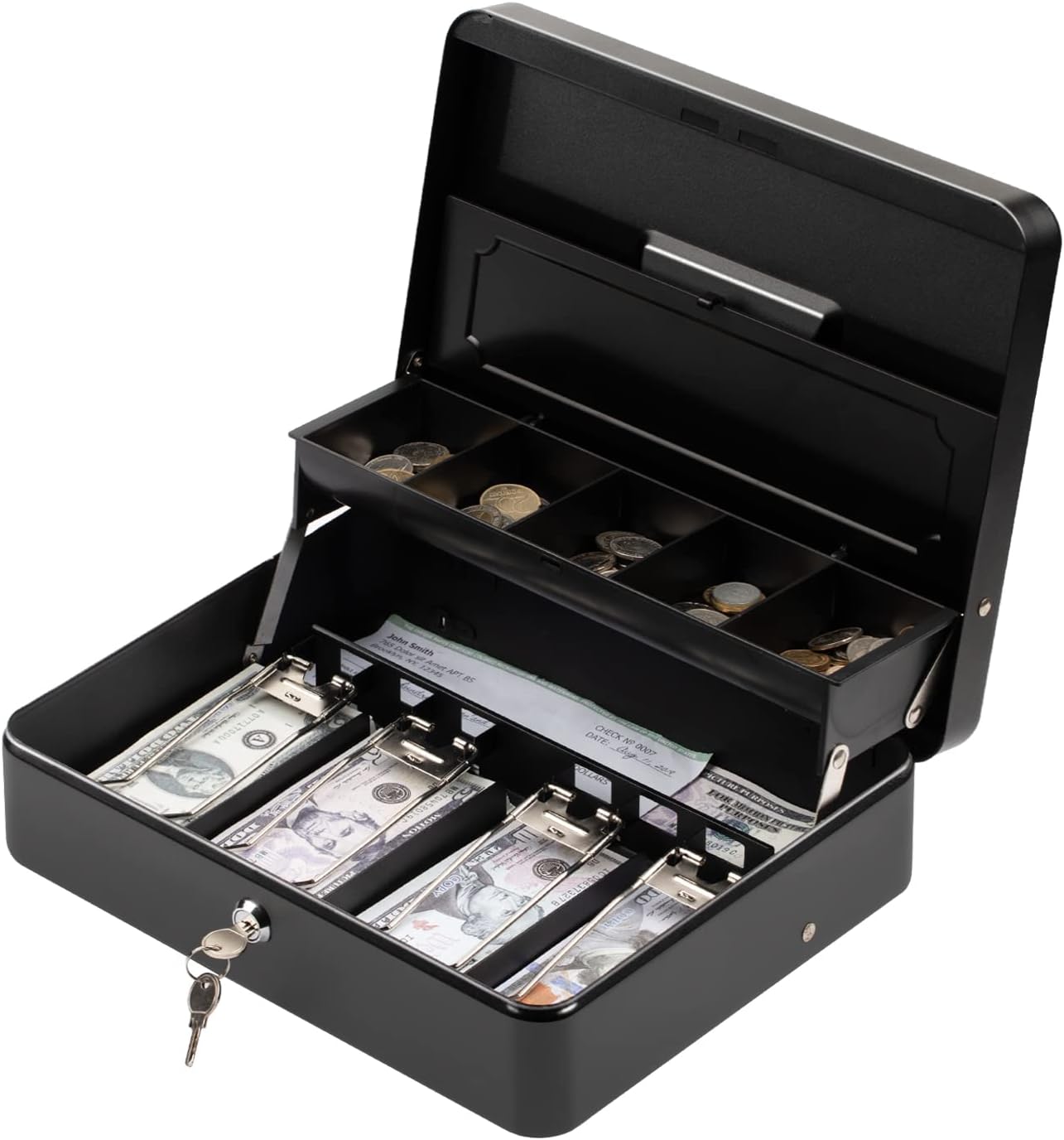 Tera Cash Box with Key Lock: Anti Theft Safe Lock Box with Money Tray 4 Bill 5 Coin Inner Tray 11.8" x 9.4" x 3.5" Large Capacity Rounded Corners for Small Businesses Yard Sale Home KL380