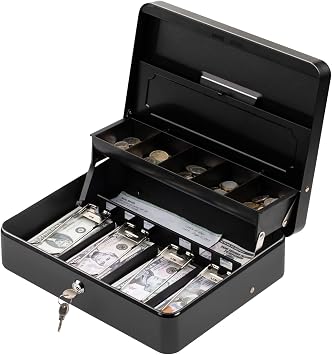Tera Cash Box with Key Lock Anti Theft Safe Lock Box with Money Tray 4 Bill 5 Coin Inner Tray 11.8" x 9.4" x 3.5" Large Capacity Rounded Corners for Small Businesses Yard Sale Home KL380
