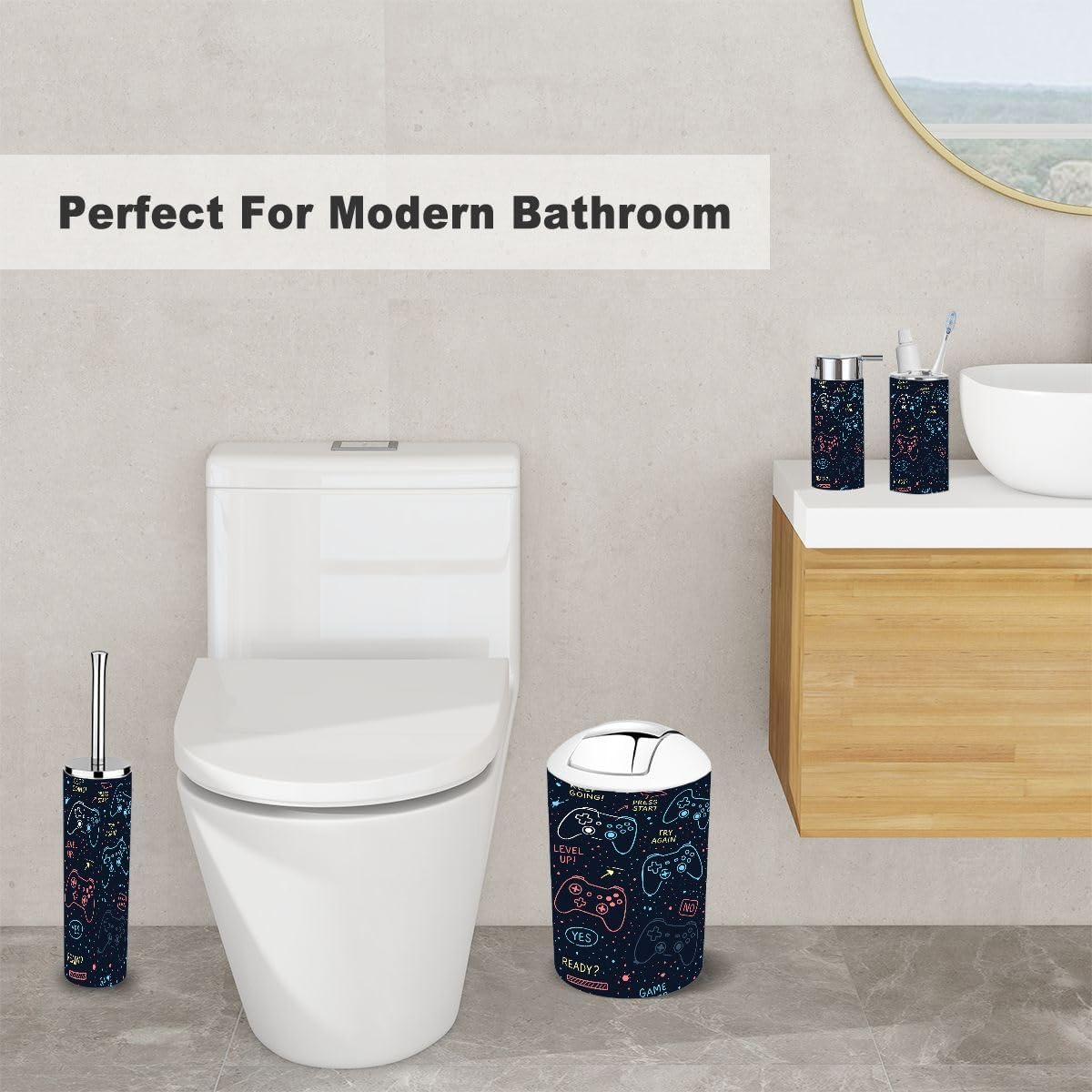 Bathroom Accessory Set 6 Piece Seamless joysticks Gamepad Slogan Text for Prints Other uses Toothbrush Holder, Toothbrush Cup, Soap Dispenser, Soap Dish, Toilet Brush Holder, Trash can