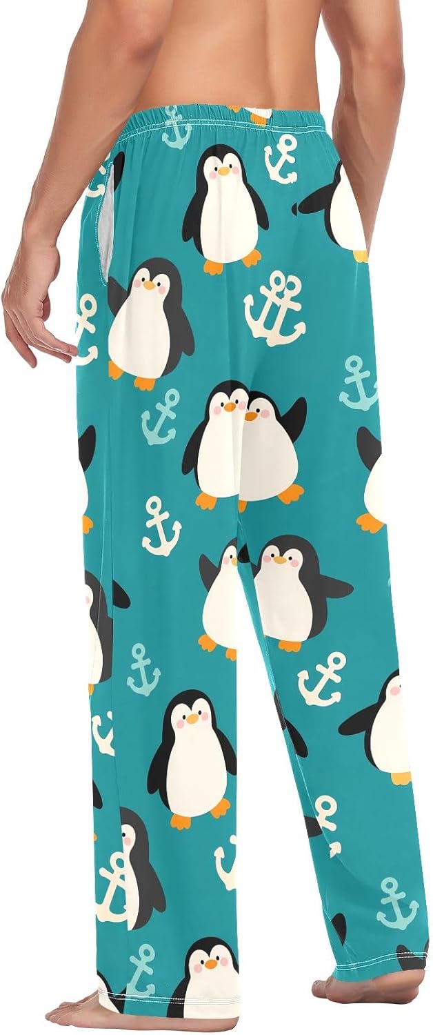 Men Pajama Pants Cartoon Penguin and Anchor Pattern Lounge Comfortable Relaxed Sleepwear Bottom
