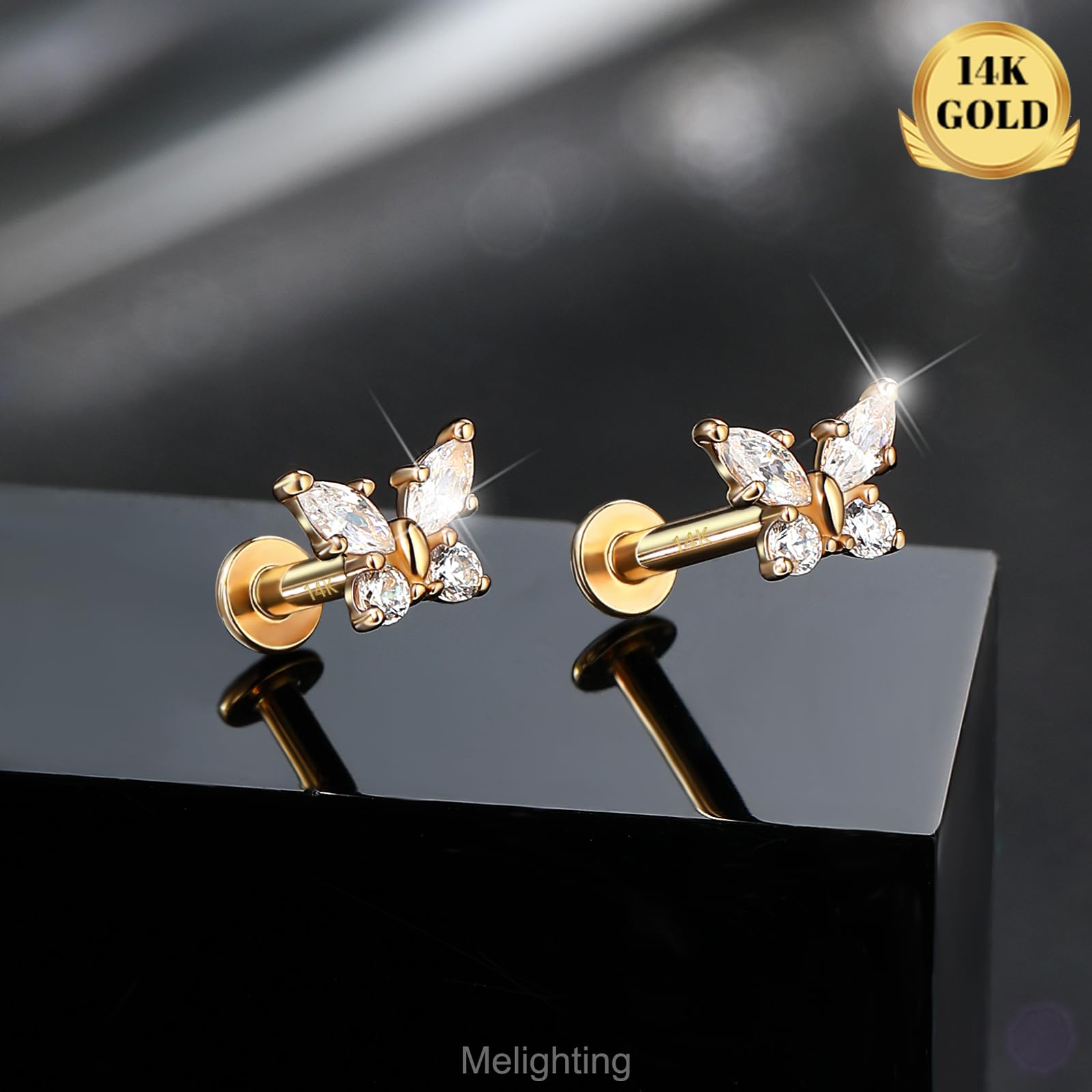 Melighting 14K Gelbgold Knorpel Ohrring Innengewinde Labret Stud Flach Zurück Ohrring CZ Stern Helix Stud Schmetterling Lippen Piercing Schmuck 6MM/8MM