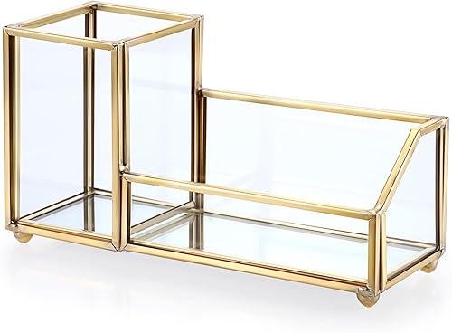 Hipiwe Tarjetero de cristal con soporte para lápiz para bolígrafo, taza de metal dorado, organizador de tarjetas de presentación de escritorio para