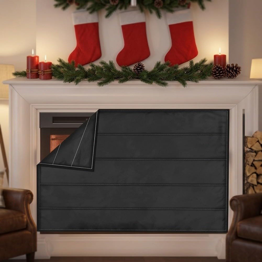 Copertura Magnetica per Camino Isolante: Parascintille in Tessuto Oxford Ignifugo con Schiuma - Blocca Correnti d'Aria e per calore - Design Nero Discreto 62x96 cm(45×34inch)