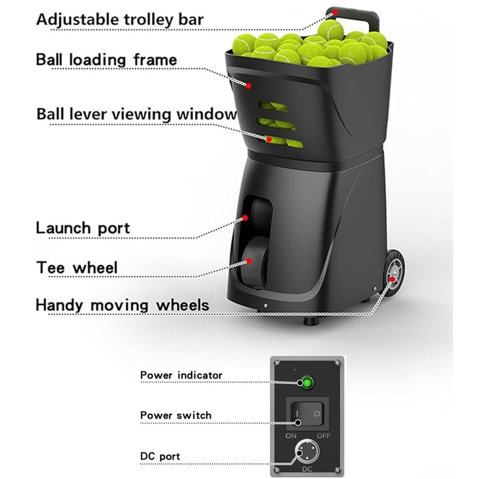 Macchina portatile per palline da tennis, lancio automatico di palline con telecomando e app, angolo di lancio regolabile, ideale per l'allenamento da soli