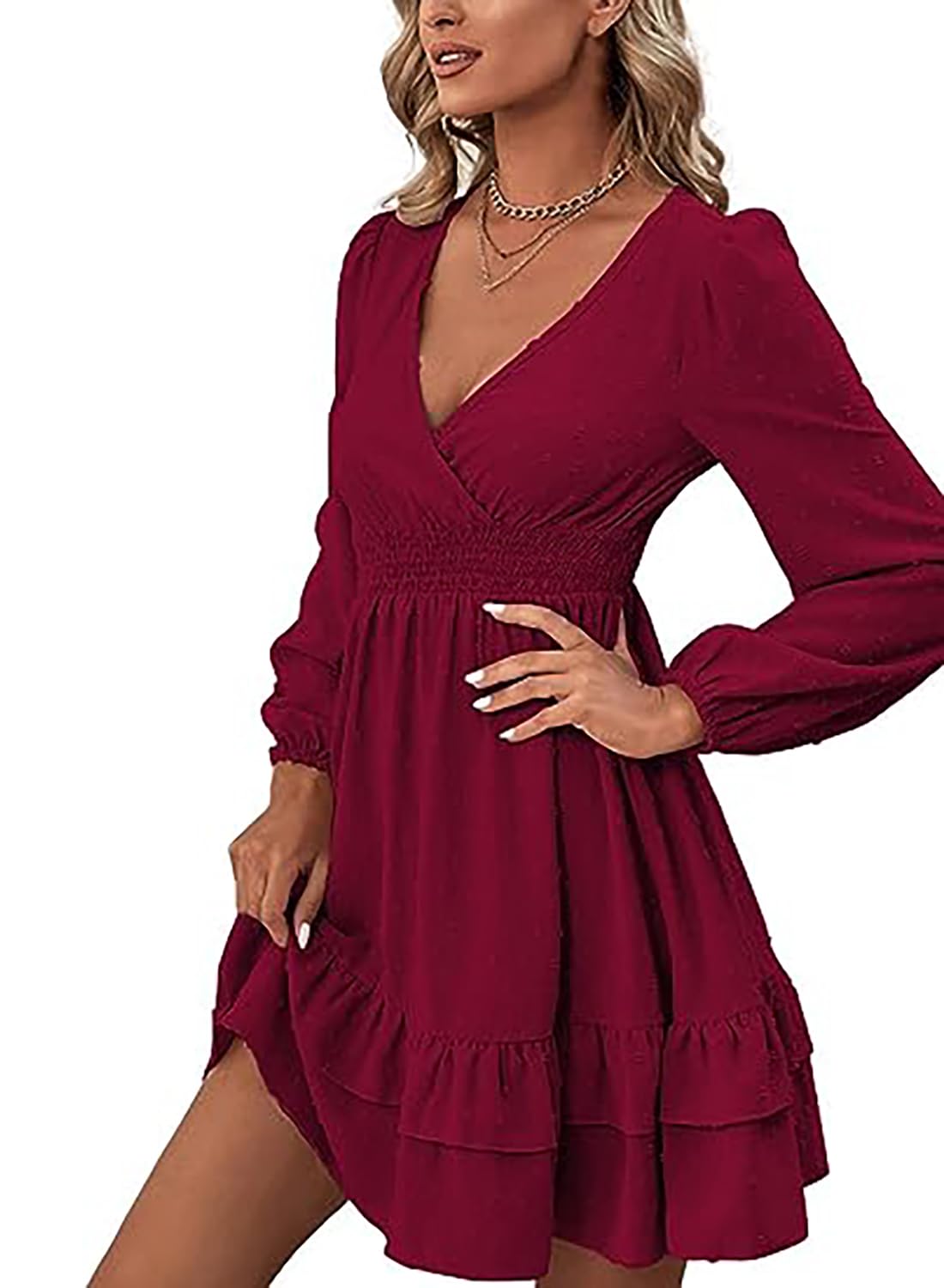 MAFA Damska minisukienka z dekoltem w serek, linia A, elegancka, wysoka talia, długi rękaw, sukienka na, burgundowy, XL