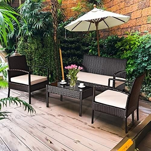 4 Pieces Patio Furniture Set, Outdoor Sectional Sofa Wicker Conversation Set Outside Furniture with Glass Table and Cushions for Porch Lawn Garden Backyard, Black and Offwhite Cushion-image-31
