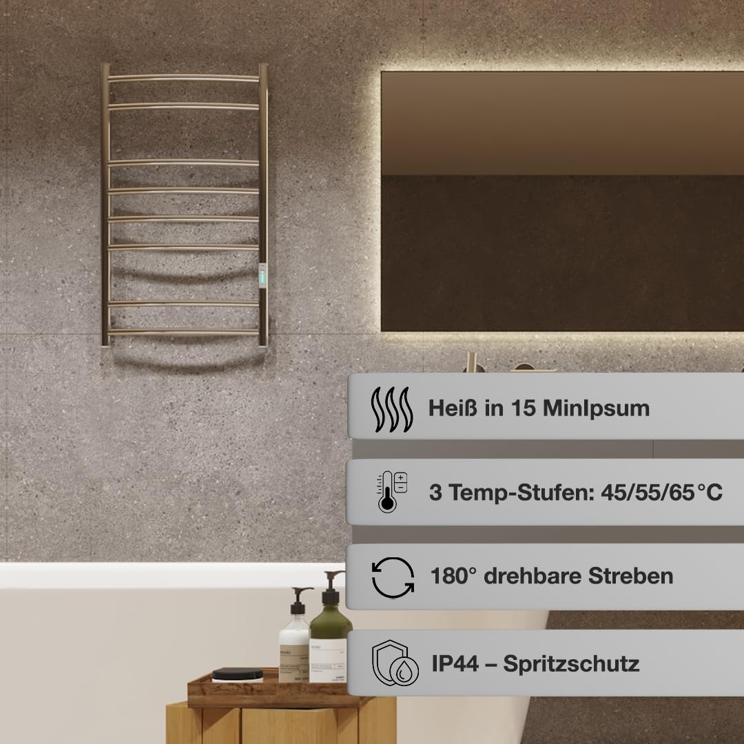 Elna Elektryczny grzejnik łazienkowy, chrom, ogrzewacz na ręczniki, 109 W, 805 x 480 mm, certyfikat IP44, ogrzewanie ze stali nierdzewnej, z termostatem i timerem 3 h, bezpieczny i energooszczędny
