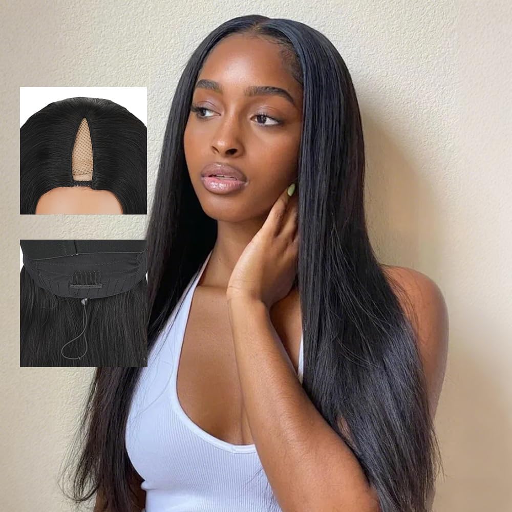 CHEETAHBEAUTY V Part Wigs Human Hair Straight V Shape Wigs for Black Women Upgrade U Part Wigs No Leave Out No Sew In No Glue Clip in Half Wigs 180% Density Natural Black 18Inch