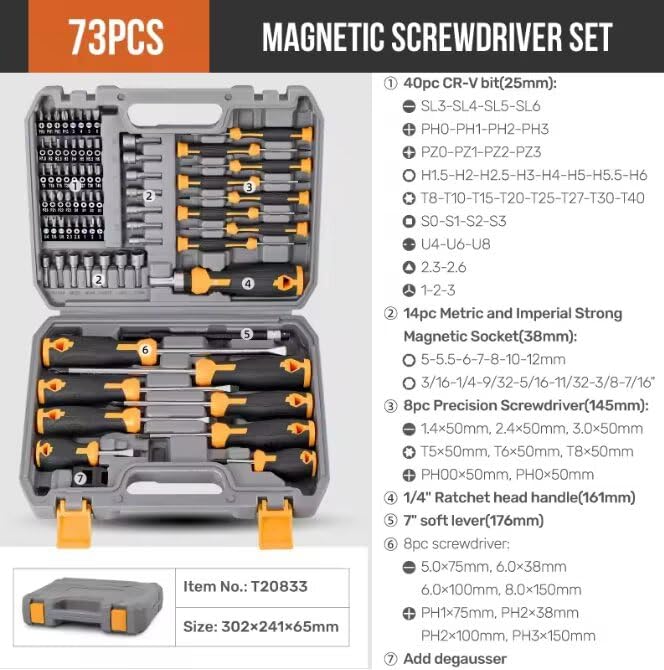 Magnetisches Schraubendreher-Set, 73-teiliges Set, CR-V-Handwerkzeuge mit 360°-flexibler Stange für Elektronik-Reparatur, Präzisionswerkzeug-Set
