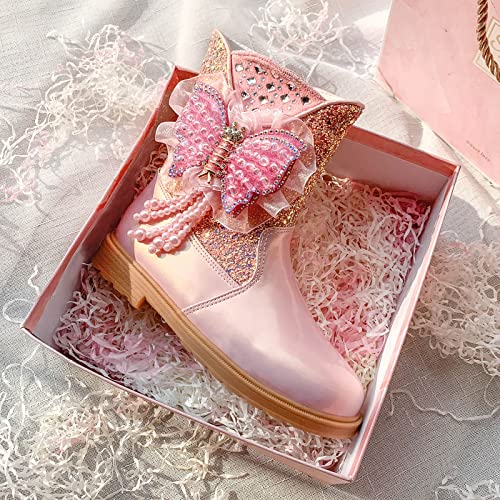 Girls Bowknot Ankle Boots Waterproof Faux Leather Side Zipper Winter Short Boots Children's Princess Boots (Pink, 10-10.5 Years Big Kids)3