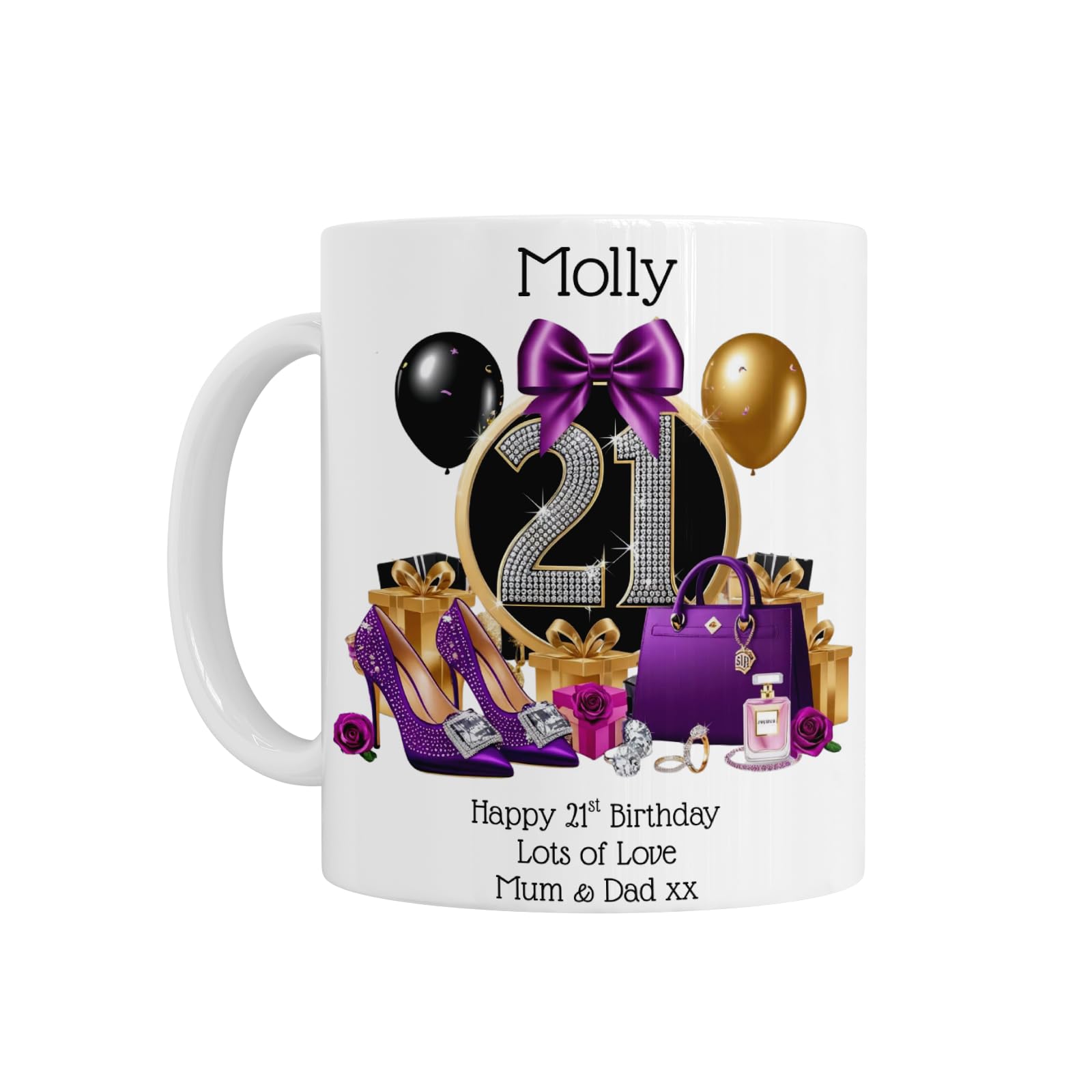 21st Birthday Gift for Her - Personalised 21st Birthday Ceramic Coffee Mug with Age 21 Purple and Gold Theme, Custom Name Gift, White Ceramic