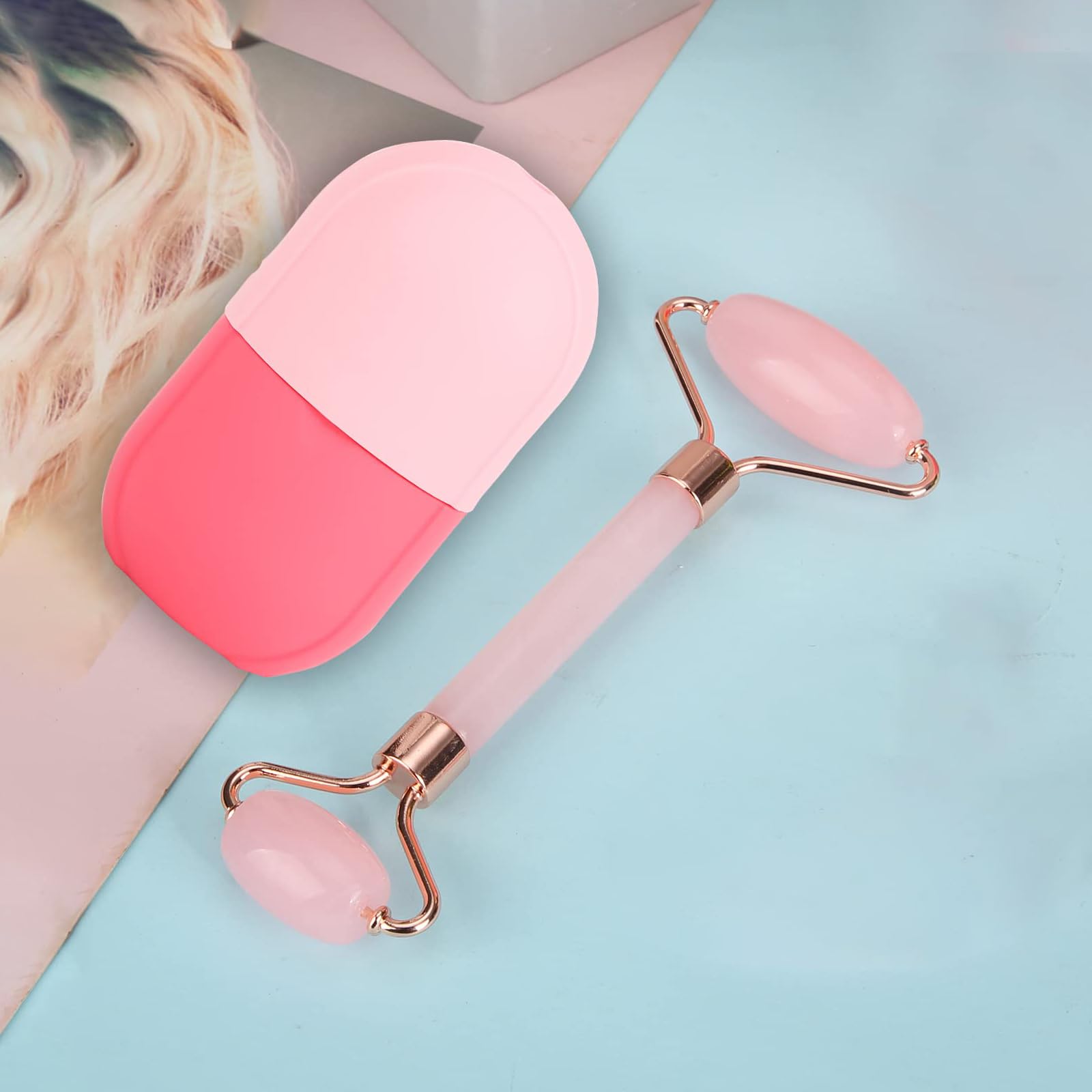 Ice Face Roller Jade Roller y Gua Sha, rodillo de hielo para rostro y ojos, herramientas de cuidado de la piel de belleza facial para iluminar la piel y quitar líneas finas (Ovalado, juego rosa)