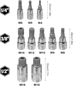 10pcs Spline Socket Set, M4-M18 1/4,3/8,1/2 XZN Triple Square Bit Socket Set Cr-V Sockets and S2 Steel Bits for Home, Workshop Repairs