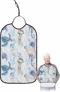 Adult Bibs for Eating, Summer Watercolor Turtle Sea Horse Jellyfish Shell Washable Elderly Adult Bibs for Men Women Large Reusable Adjustable Clothing Protector with Optional Crumb Catcher