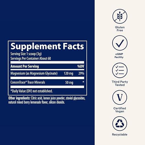 Miniatura 6 de Trace Minerals  Polvo de glicinato de magnesio  120 mg  Mezcla de bebida de limonada de bayas mixtas con sabor natural  Suministro para 30 días
