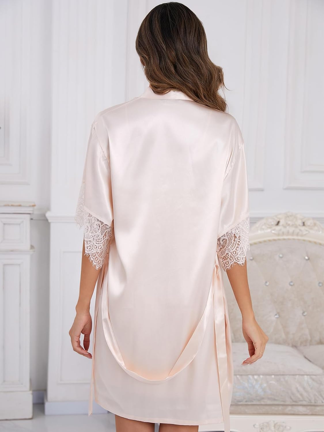 Moreone Women's 2 Piece Pajamas Silk Robe Set with Nightgown Sexy Satin Lingerie Luxury Lace Trim Night Sleepwear
