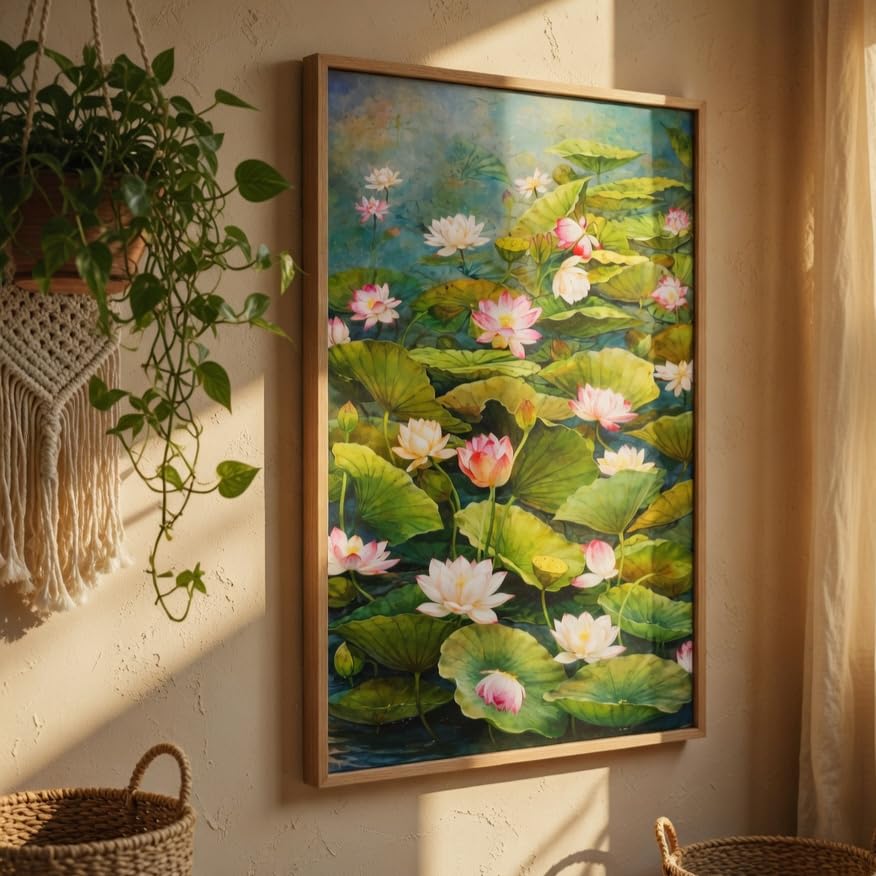 Image of Livin'luxe Lotus Pond Wall Painting with Wooden Frame | Elegant Lotus Flower Nature Artwork HD UV Laminated MDF Wall Decor | Floral Water Garden Wall Art for Living Room Bedroom