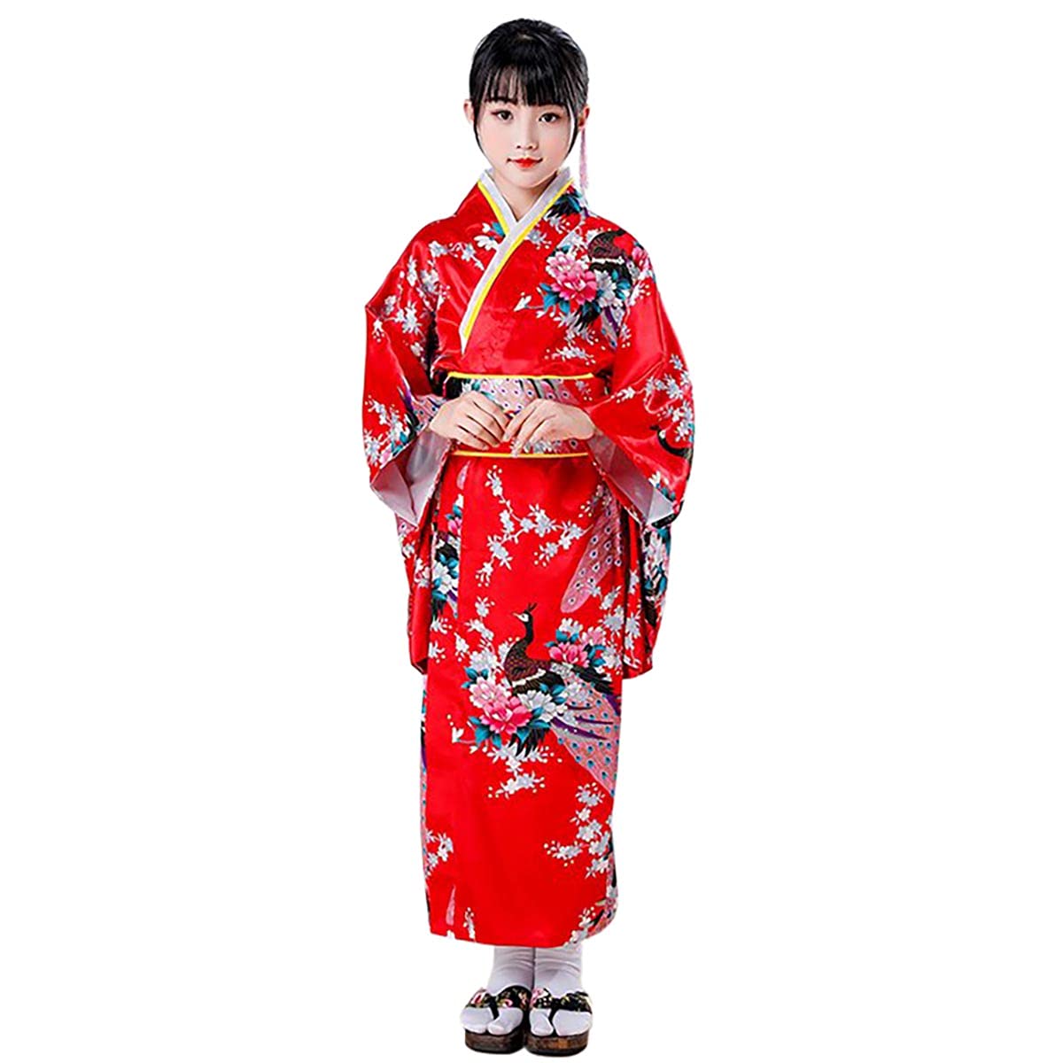 Japanese Kimono Kids Dress Traditional Peacock Flower Long Yukata Haori Costume Geisha Girls Fancy Dress