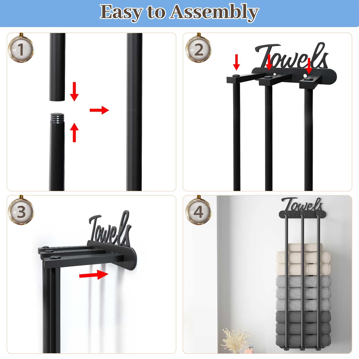 Bathroom Towel Storage Rack, BUDO 3 Bar Bath Towel Holder with Extra 4