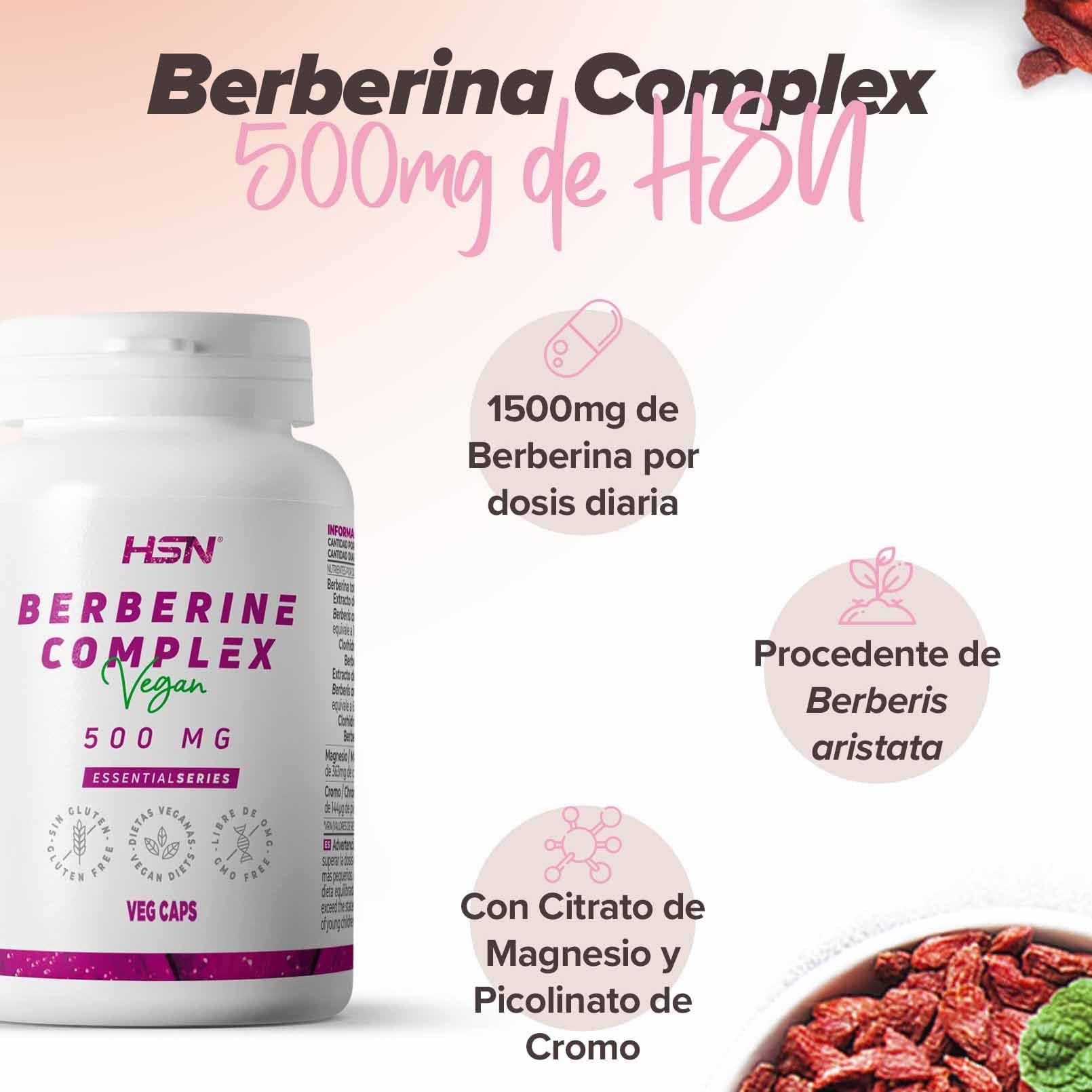 HSN Berberina Complex 500mg | Extracto de Berberis Aristata 97% Berberina HCl | Con Citrato de Magnesio y Cromo | 120 Cápsulas Veganas | Apoyo al Metabolismo y Glucosa Normal
