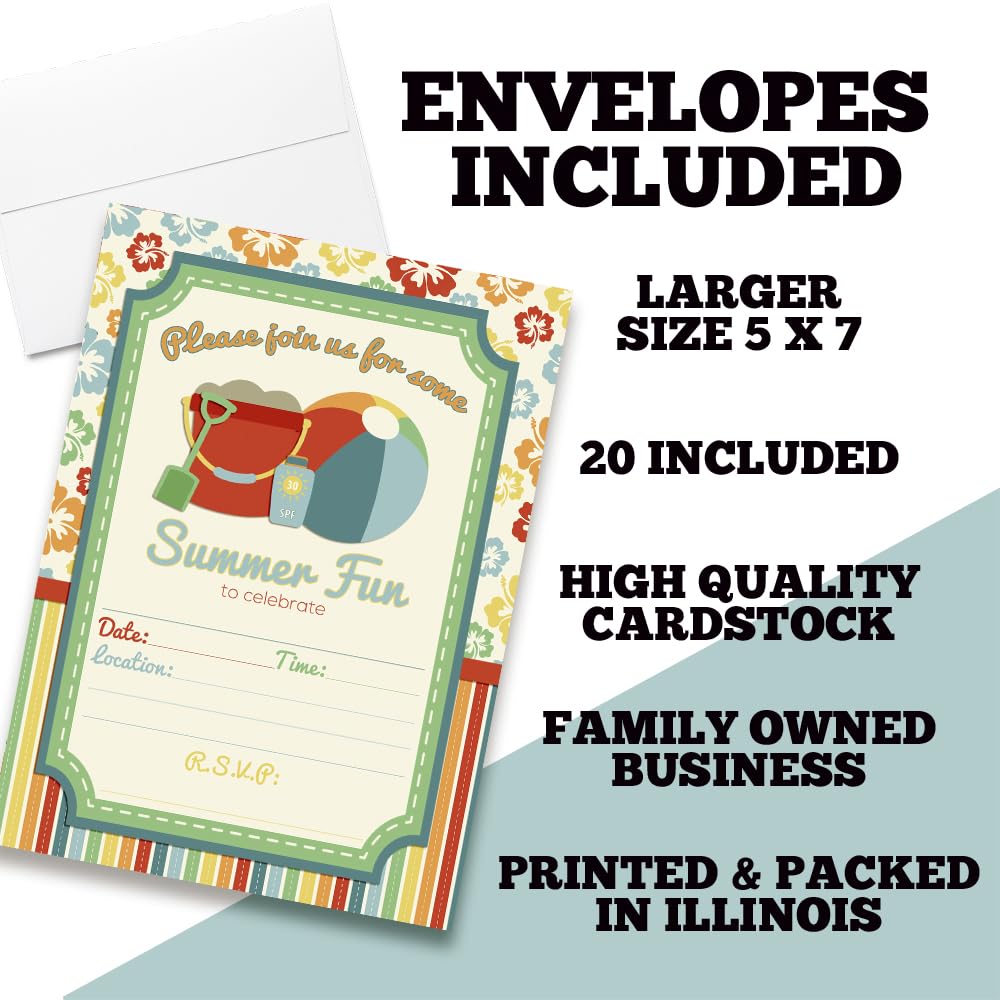 Beach Summer Fun Birthday Party Fill in Invitations set of 20 with envelopes by AmandaCreation