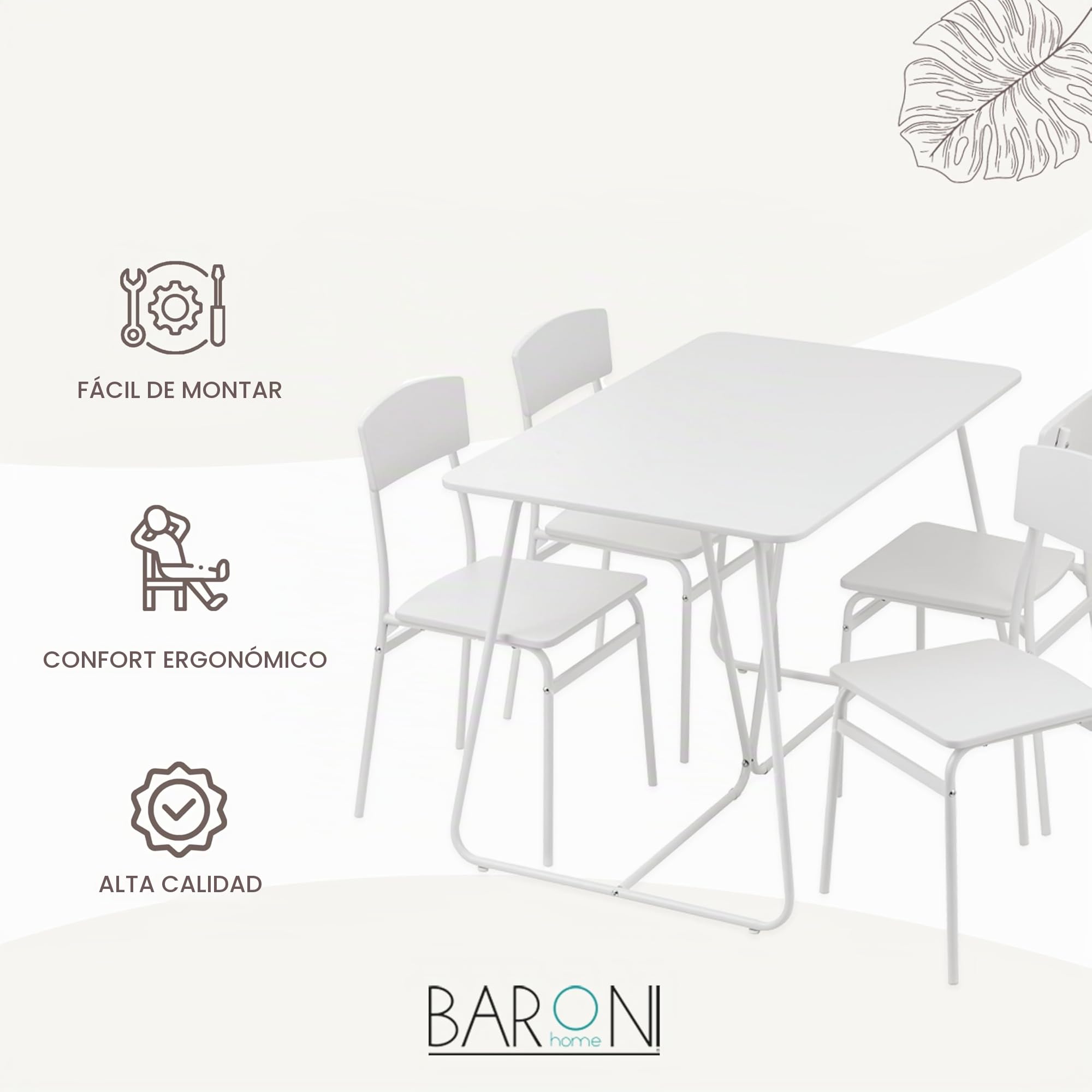 Baroni Home Juego Mesa de Cocina con 4 Sillas de Comedor, Conjuntos de Mueble de 3 Piezas, diseño Moderno, Ligero, Restaurante, balcón, MDF y Acero, Montaje fácil, Blanco
