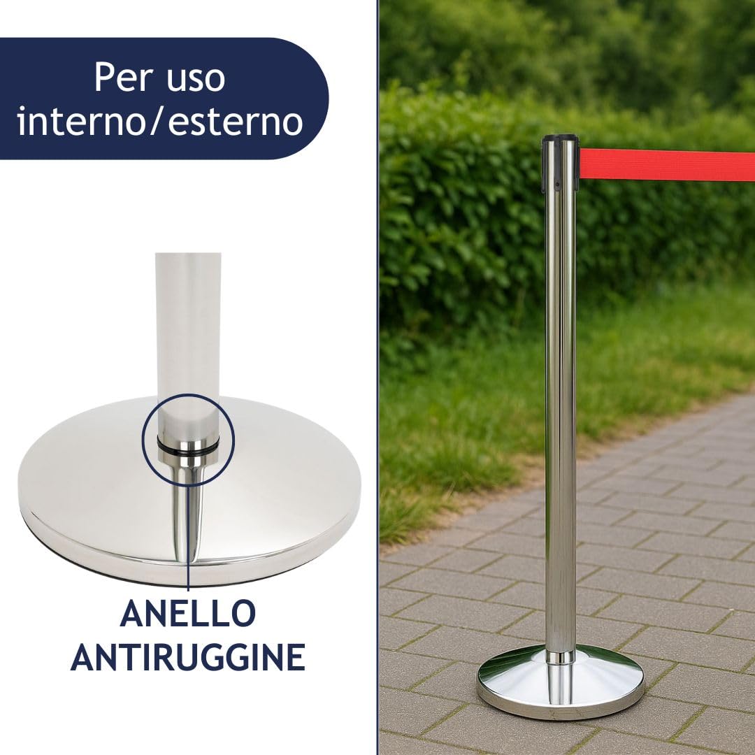 Danieli - Colonnina Segnapercorso con Nastro Estensibile Fino a 3 Metri. Acciaio Cromato Lucido, Base Conica (Rosso)