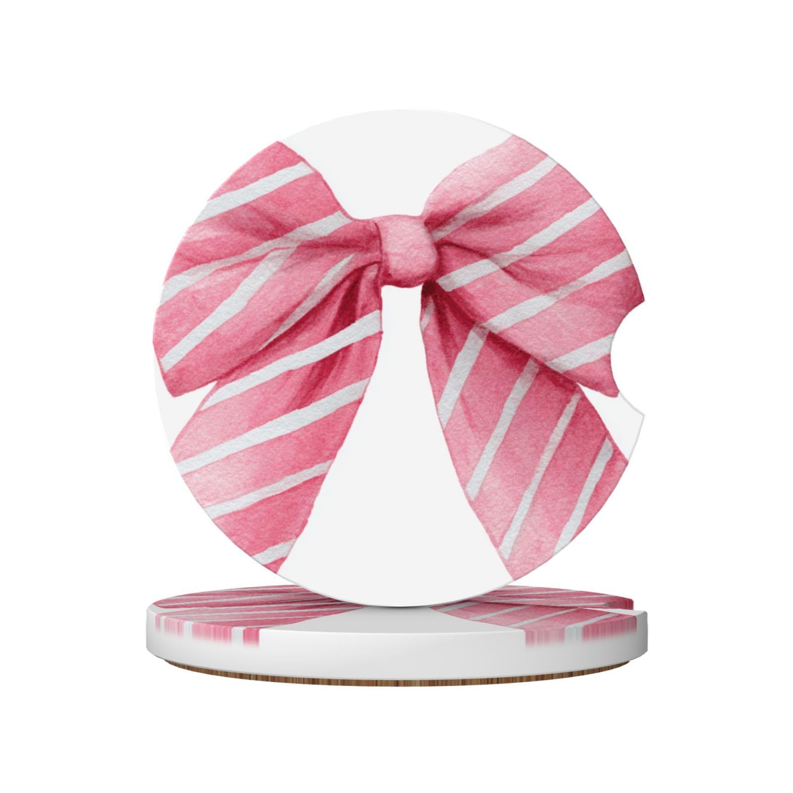 Light Pink Watercolor Bow with White Stripes Ceramic Coasters,2pcs
