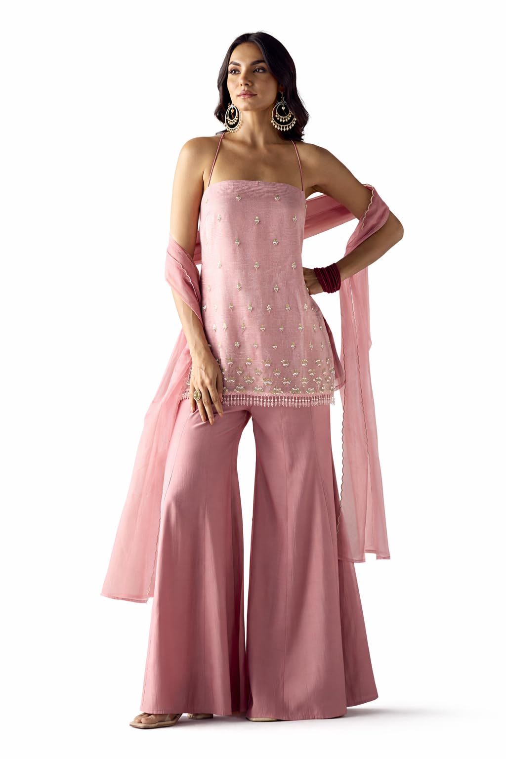 Women Light Pink Crush Organza Hand Work Straight Kurta Set with Dupatta