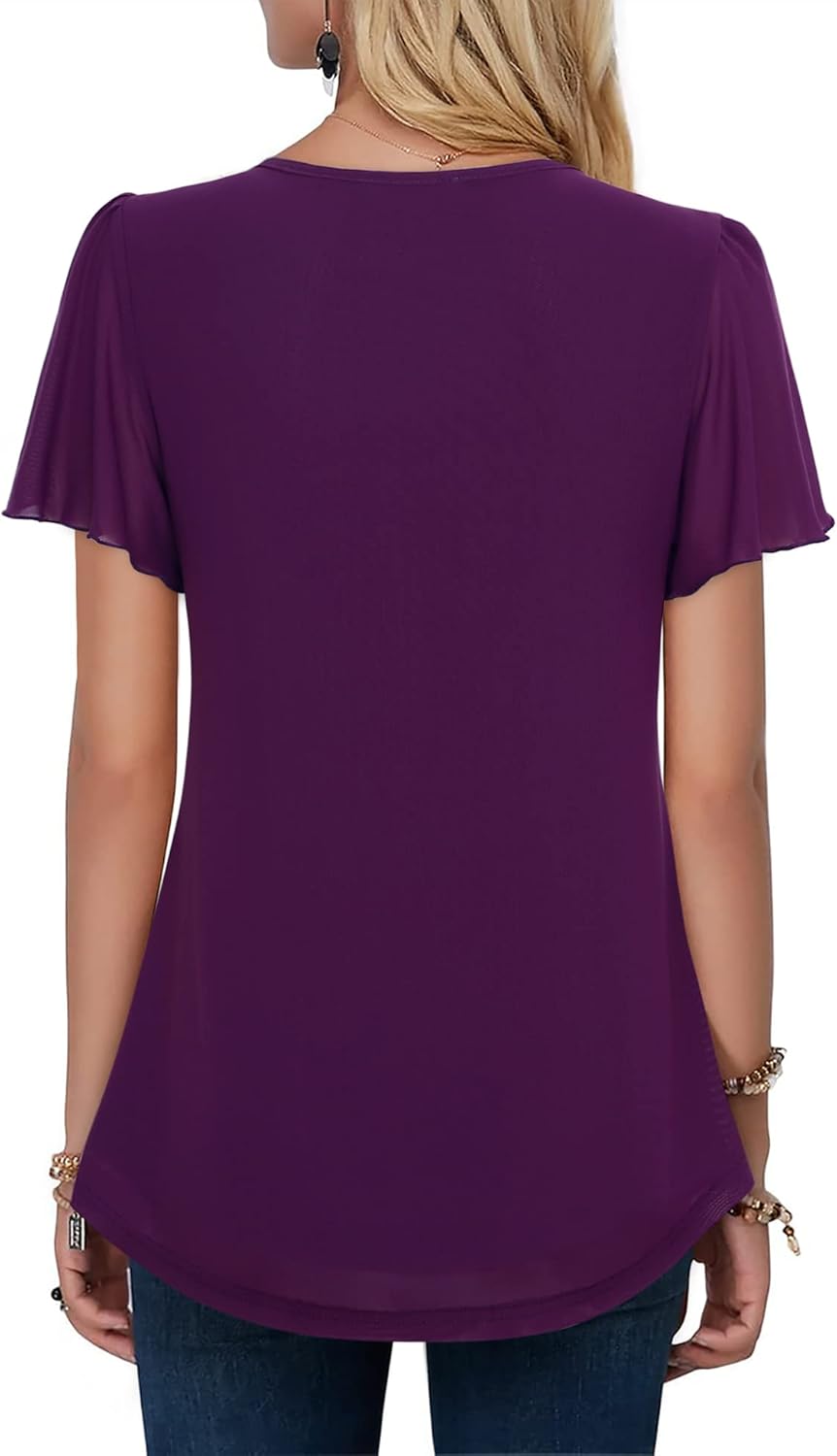 VALOLIA Womens Tops Short Sleeve Shirts Casual V Neck Blouse Double Layers Mesh Tunics Tops - Image 2