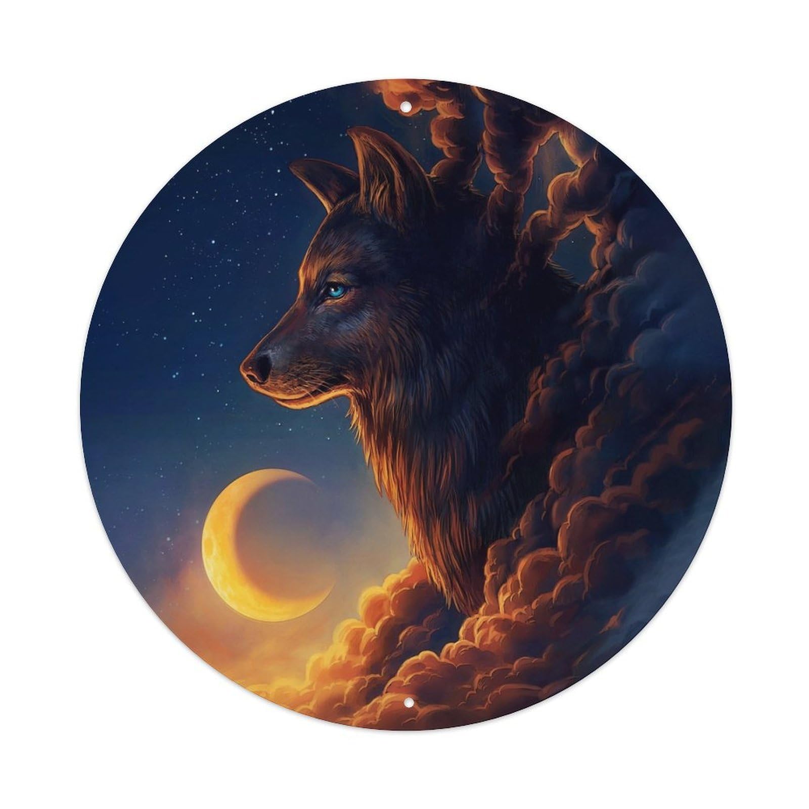 Cartoon Wolf Crescent Moon Galaxy Wildlife Metal Tin Sign