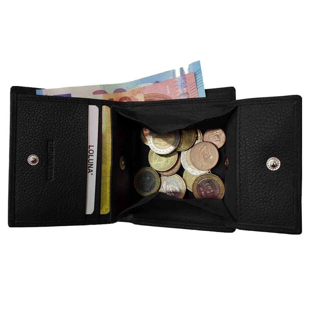 LOLUNA® Porte Monnaie Cuir véritable Compact et spacieux pour pièces, Billets et 2 Cartes bancaire, Homme et Femme Existe en Plusieurs Couleur (Noir)