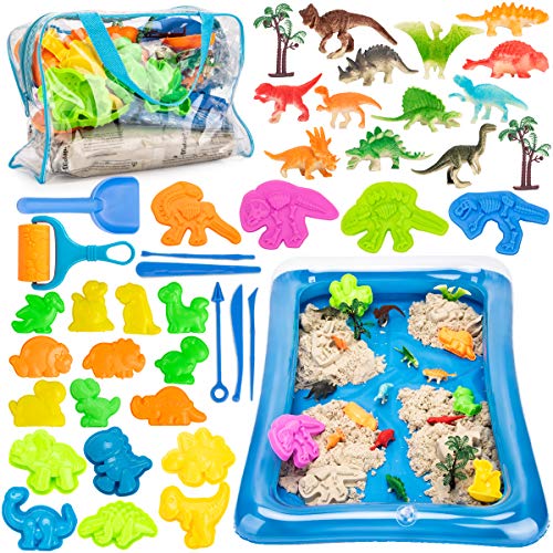 Play Sand Kit for Kids - 3lbs All-Natural Sensory Sand, Dinosaur Sand Molds Tools, Dinosaur Figure Toys, Inflatable Tray and Storage Bag, 44PCS Sandbox Toys Set for Toddlers Ages 3 4 5 6 7