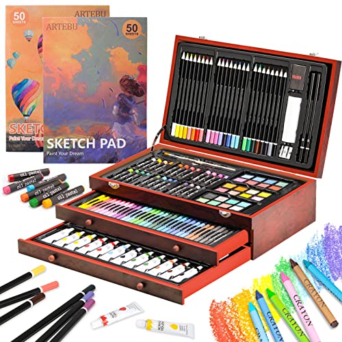 Art Supplies, Deluxe 174 Pieces Art Set Painting Supplies in Portable Wooden Case, Crayon, Oil Pastels, Colored Pencils, Acrylic Paint, Professional Art Kit Drawing Supplies for Kids & Beginners