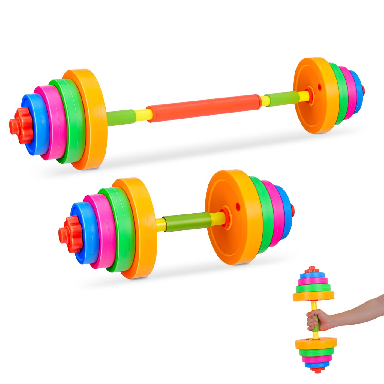 YARNOW Adjustable Kids Dumbbells and Barbell Set, Plastic Weights Training Tool for Children Fitness Exercise, Toddler Sports Play Equipment for Home Gym Strength Practice