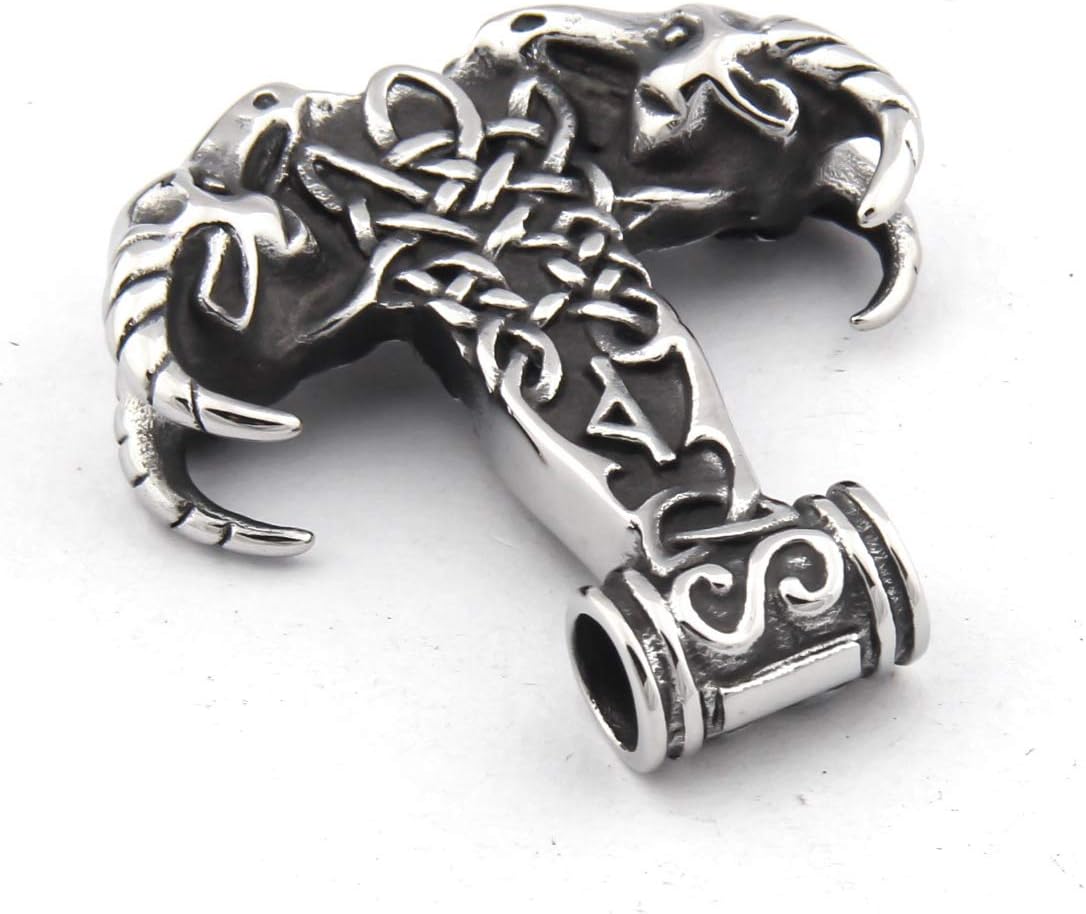 BAVIPOWER Viking Ram Goat Head Mjolnir Pendant Thors Hammer Necklace Stainless Steel Norse Pagan Jewelry for Men Women