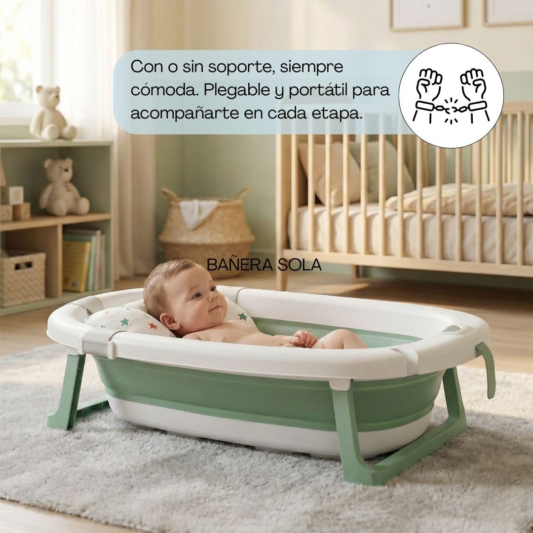 BATHBY | Bañera Plegable para Bebé con Soporte, Cojín Reductor y Termómetro | Set Completo para Recién Nacido | Compacta, Segura y Fácil de Transportar | (Verde SUP)