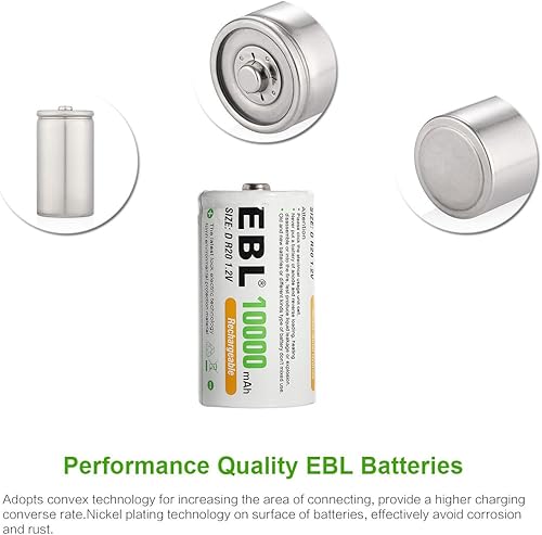 Miniatura 5 de EBL Cargador de batería universal con batería D de 10000 mAh (8 piezas) 2800 mAh batería AA (4 unidades) 1100 mAh AAA (4 piezas) Combo