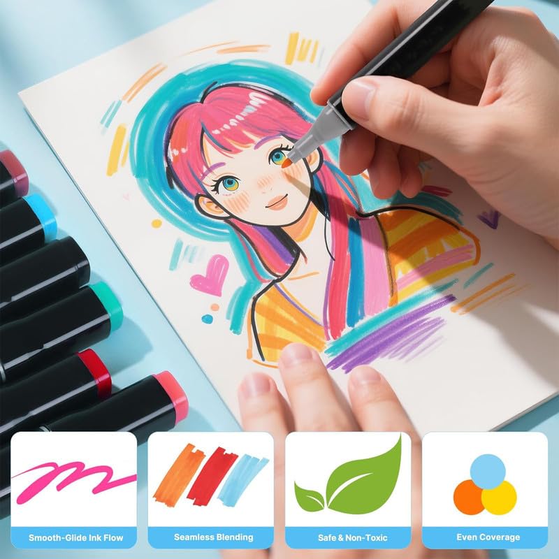 Image of Dual Tip Colorful Art Markers 24 Colors Sketch Pens With Carry Bag For Painting Sketching Calligraphy Drawing,Chisel & Fine Tip Water Based Colouring Marker For Kids & Adult,Multicolor (24)