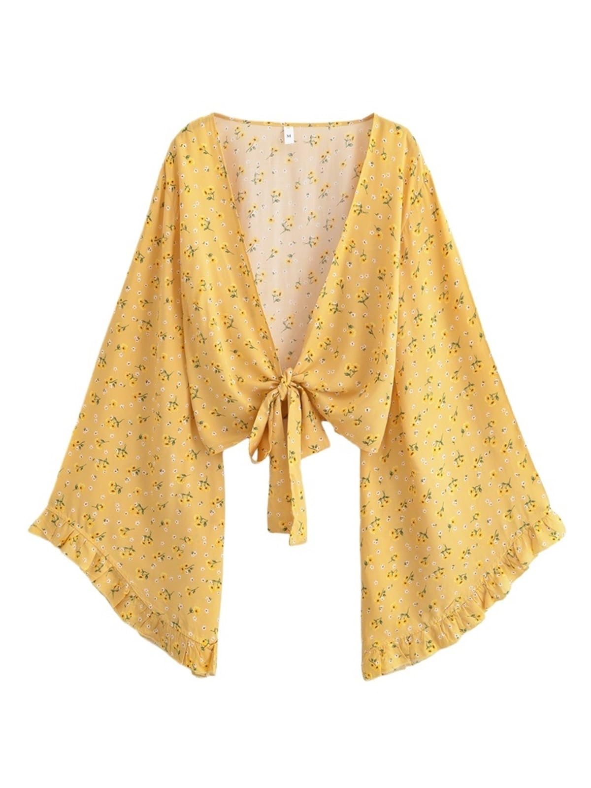 Generisch Vintage Żółte kwiaty damski kostium kąpielowy Cover-Up Beach Lato Krótkie falbanki Flare Rękawy Urlop Rayon S/M/L
