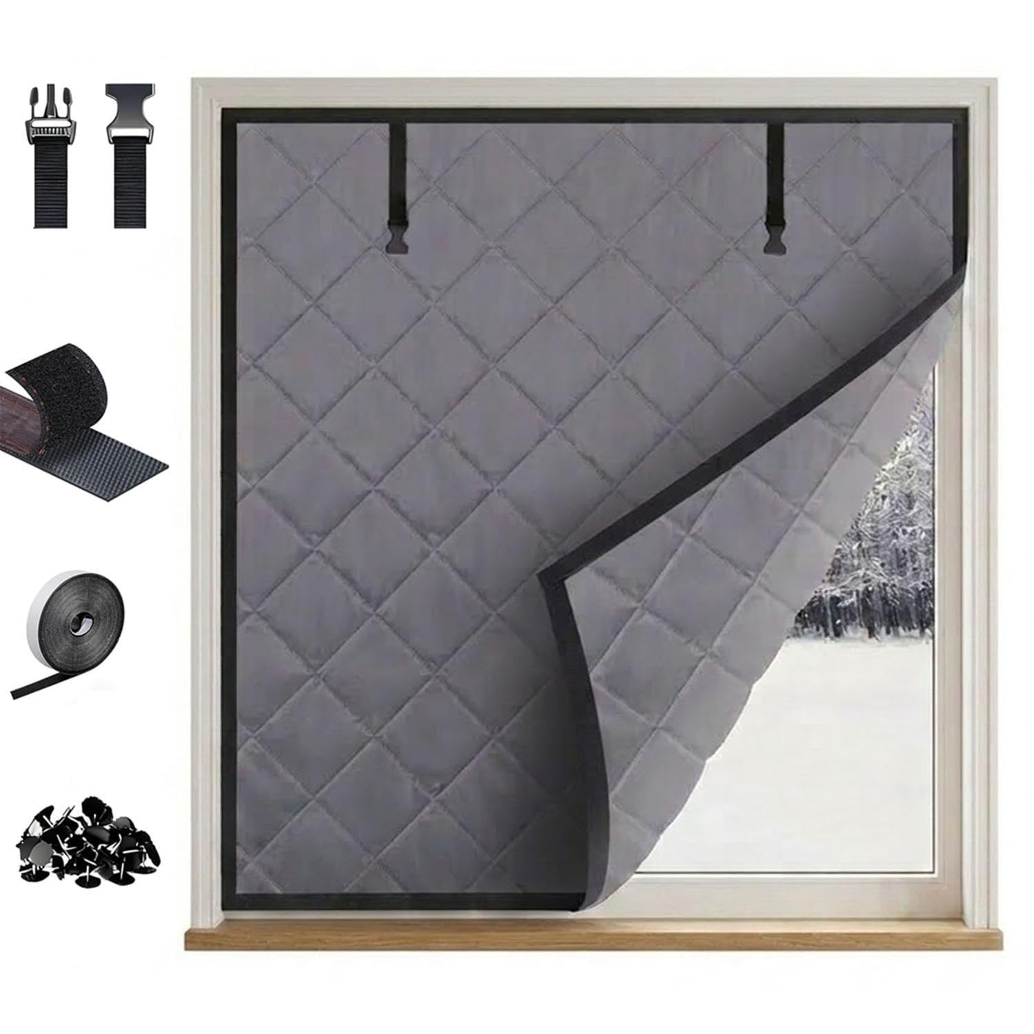Film d'Isolation Thermique pour Fenêtres, Kit de Rideaux Isolants Visibles 60 80 100 120cm, Couverture de Fenêtre 3 Couches en Coton Oxford, Garde l'Air Chaud pour Le Camping-Car(Gris,119x259cm)