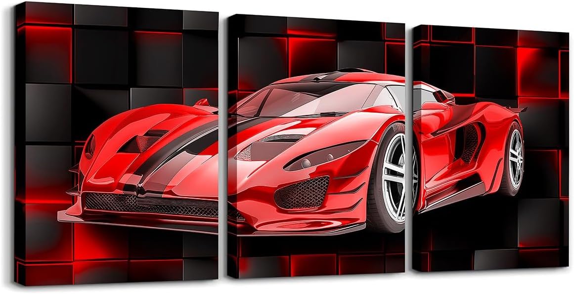 Feelyou Cuadro rojo de carreras para pared, 12 x 16 pulgadas, 3 piezas de autos deportivos de velocidad, lienzo decorativo de pared geométrico de
