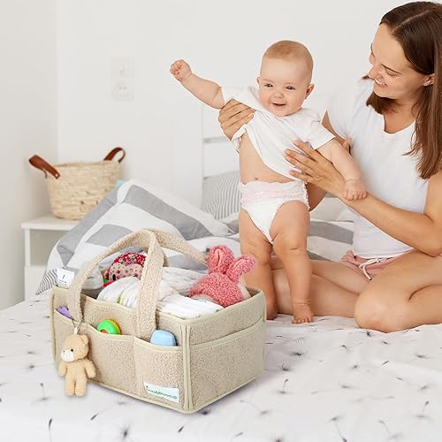 Miniatura 7 de Buzz&Bloom Organizador de pañales de peluche para bebé, elegante cesta de almacenamiento para artículos esenciales para recién nacidos y estación de